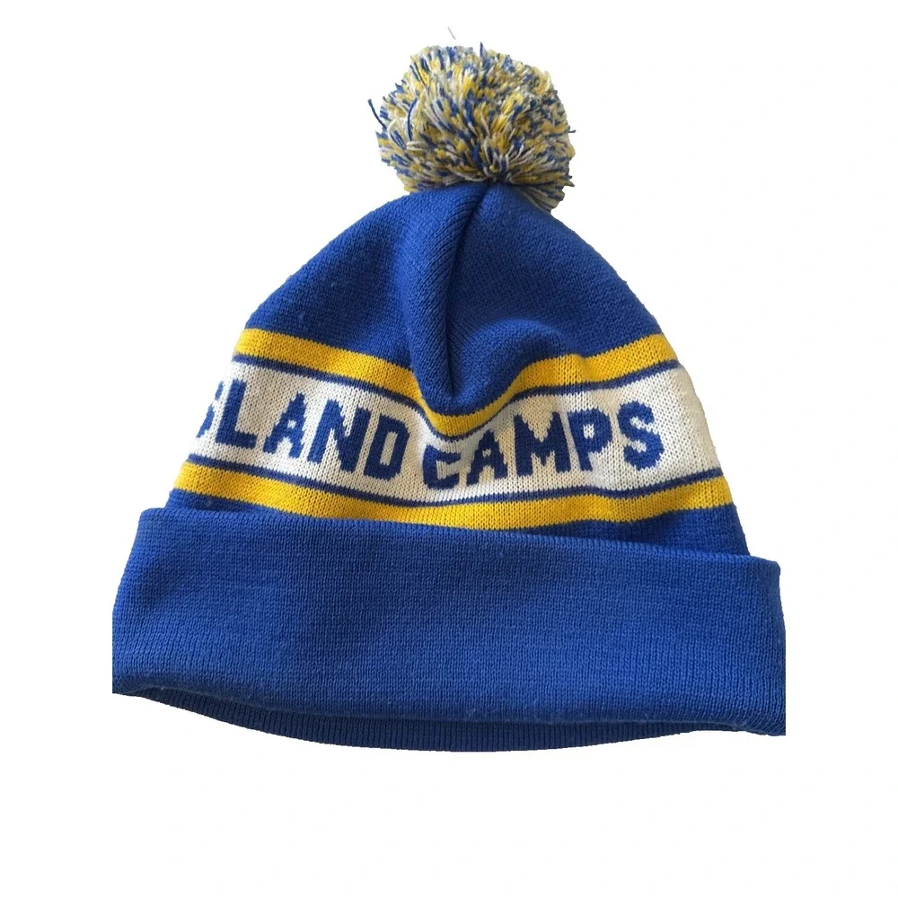 Catalina Island Camps Knit Pom Beanie Hat Retro Gorpcore Skater Blue Yellow